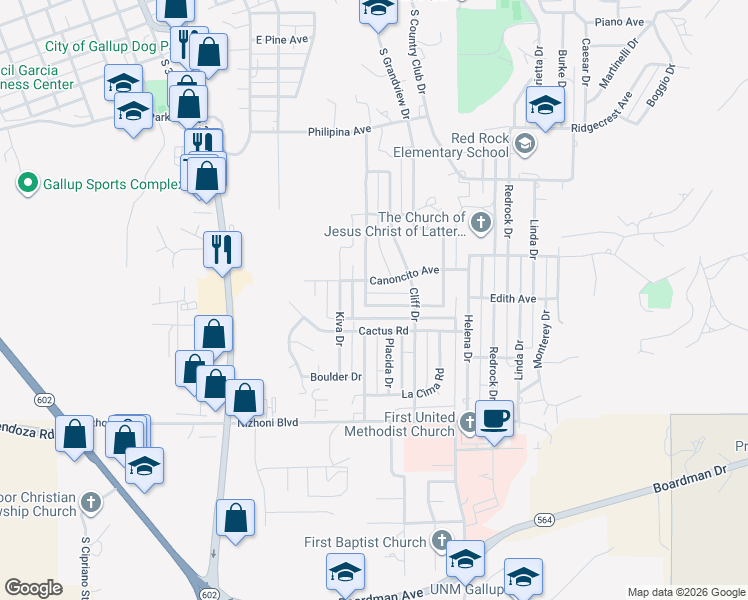 map of restaurants, bars, coffee shops, grocery stores, and more near 401 Defiance Avenue in Gallup