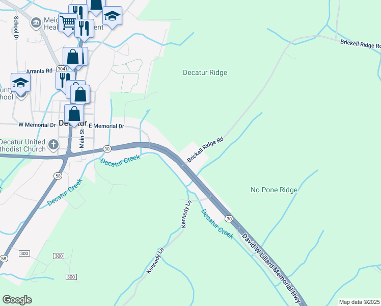 map of restaurants, bars, coffee shops, grocery stores, and more near Legg Hollow Road in Decatur