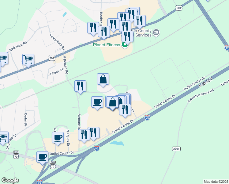 map of restaurants, bars, coffee shops, grocery stores, and more near 224 East Peedin Road in Smithfield