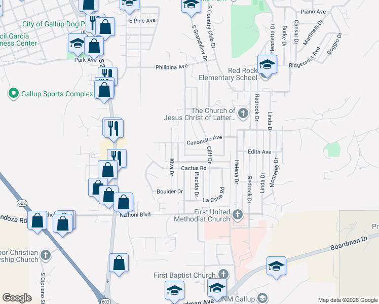map of restaurants, bars, coffee shops, grocery stores, and more near 401 Defiance Avenue in Gallup