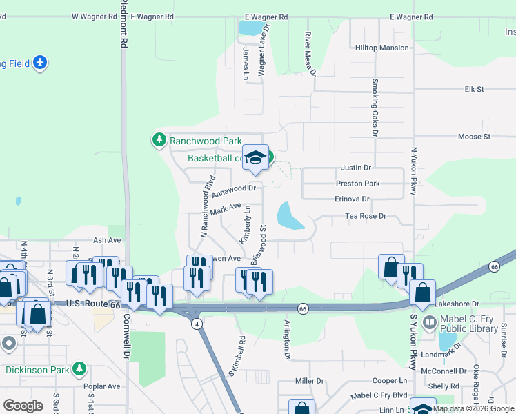 map of restaurants, bars, coffee shops, grocery stores, and more near 319 Briarwood Street in Yukon