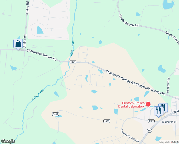 map of restaurants, bars, coffee shops, grocery stores, and more near 1261 Chalybeate Springs Road in Angier
