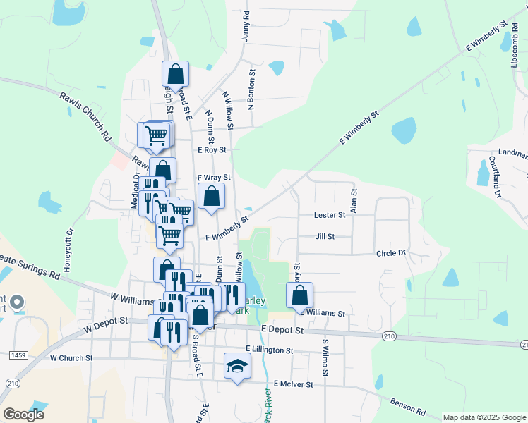map of restaurants, bars, coffee shops, grocery stores, and more near 106 Mary Circle in Angier
