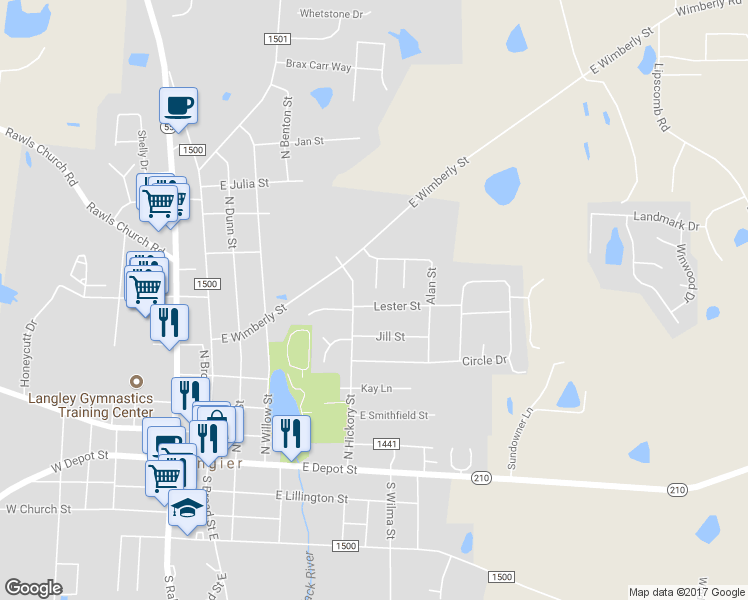 map of restaurants, bars, coffee shops, grocery stores, and more near 51 Lester Street in Angier