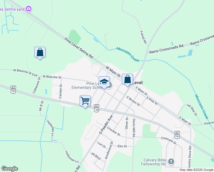 map of restaurants, bars, coffee shops, grocery stores, and more near 304 West Blanche Street in Pine Level