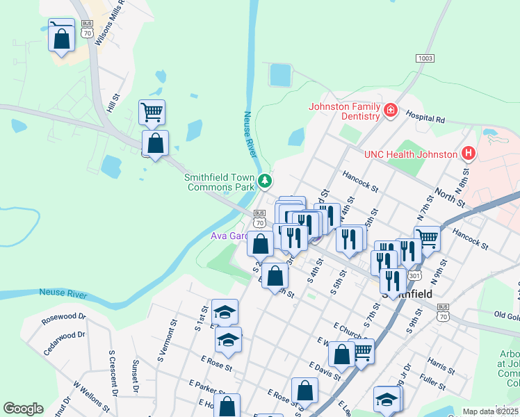 map of restaurants, bars, coffee shops, grocery stores, and more near 136 North Front Street in Smithfield