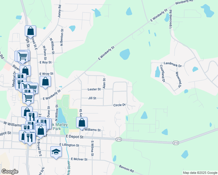 map of restaurants, bars, coffee shops, grocery stores, and more near 226 Lester Street in Angier