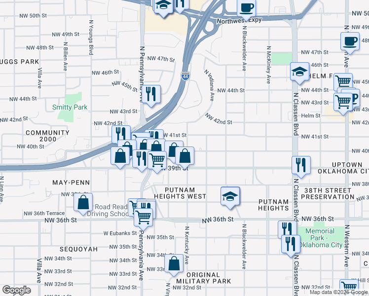 map of restaurants, bars, coffee shops, grocery stores, and more near 1832 Northwest 40th Street in Oklahoma City