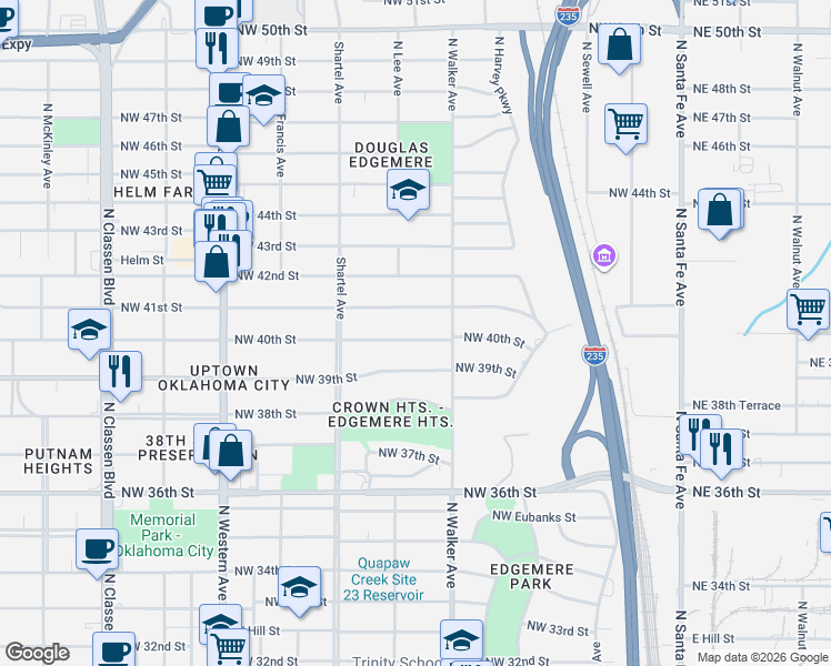 map of restaurants, bars, coffee shops, grocery stores, and more near 528 Northwest 40th Street in Oklahoma City