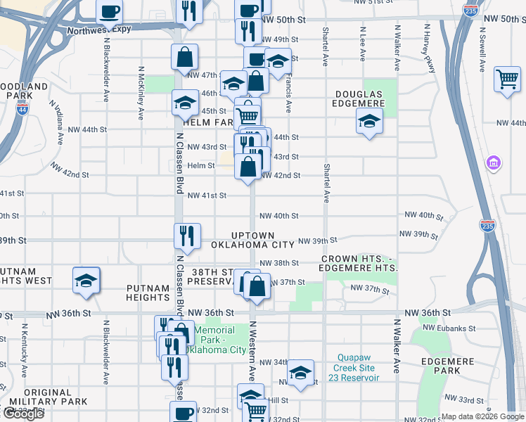 map of restaurants, bars, coffee shops, grocery stores, and more near 916 Northwest 40th Street in Oklahoma City