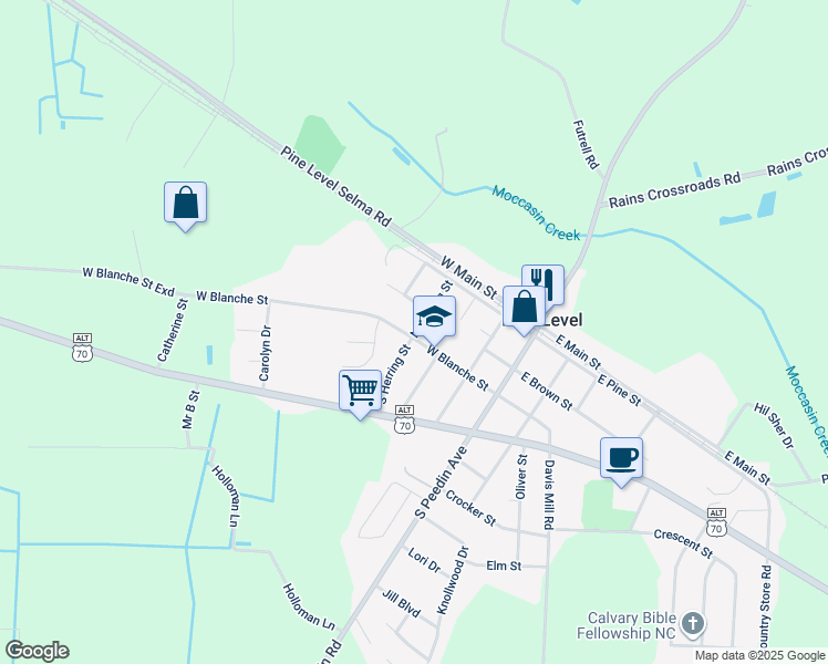 map of restaurants, bars, coffee shops, grocery stores, and more near 113 South Herring Street in Pine Level