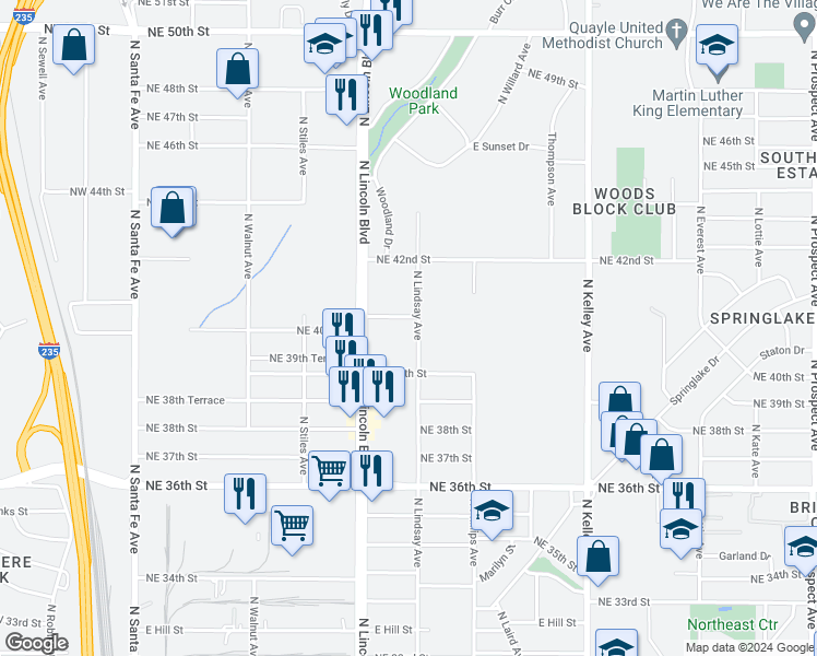 map of restaurants, bars, coffee shops, grocery stores, and more near 636 Northeast 41st Street in Oklahoma City