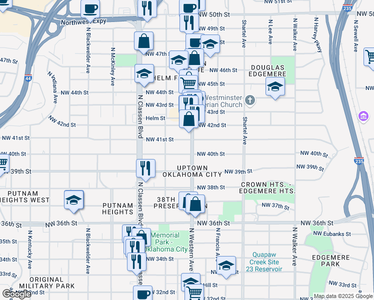 map of restaurants, bars, coffee shops, grocery stores, and more near 1108 Northwest 40th Street in Oklahoma City