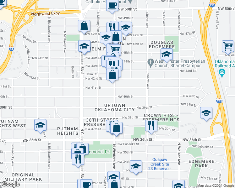 map of restaurants, bars, coffee shops, grocery stores, and more near 1019 Northwest 40th Street in Oklahoma City