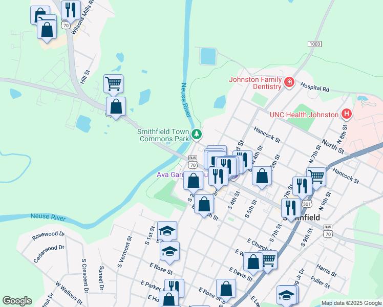 map of restaurants, bars, coffee shops, grocery stores, and more near 136 North Front Street in Smithfield