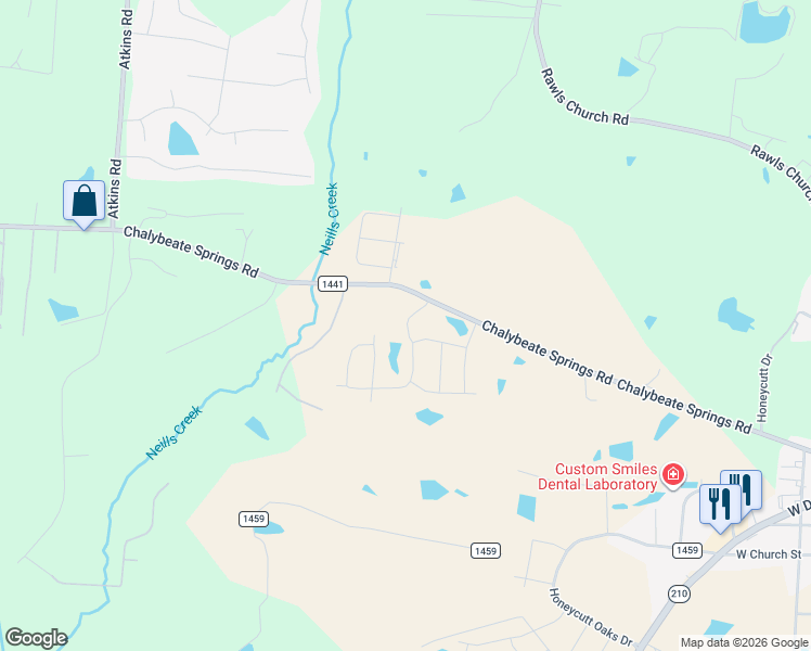 map of restaurants, bars, coffee shops, grocery stores, and more near 1261 Chalybeate Springs Road in Angier