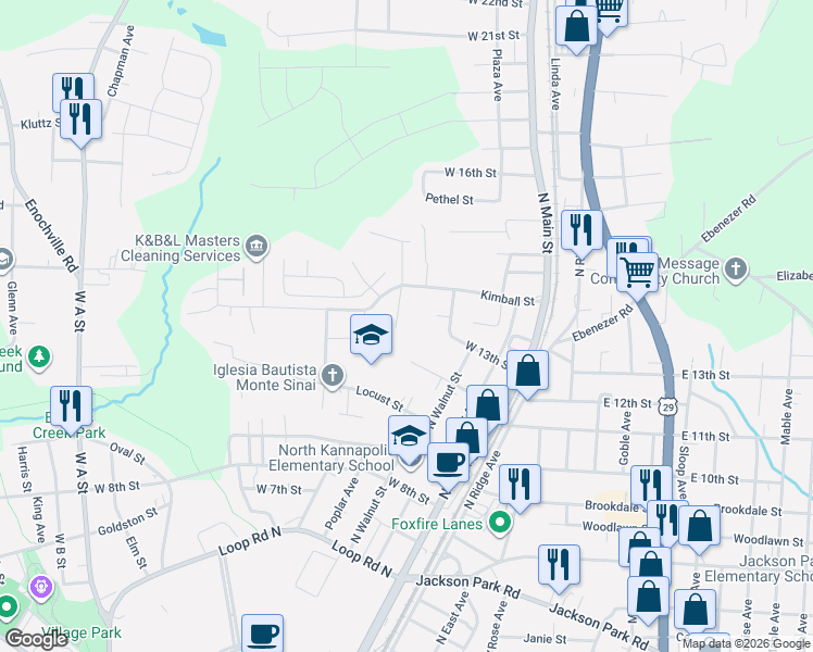 map of restaurants, bars, coffee shops, grocery stores, and more near 314 West 12th Street in Kannapolis