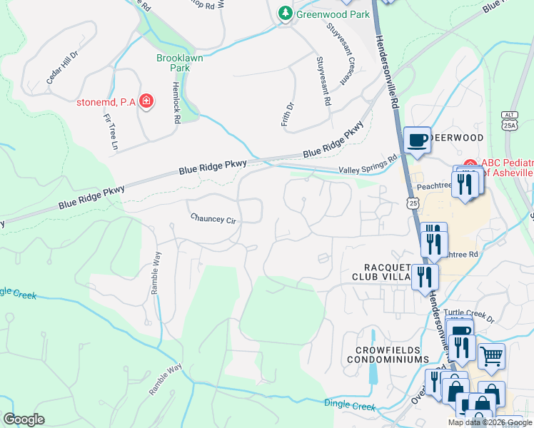 map of restaurants, bars, coffee shops, grocery stores, and more near 83 Chauncey Circle in Biltmore Forest