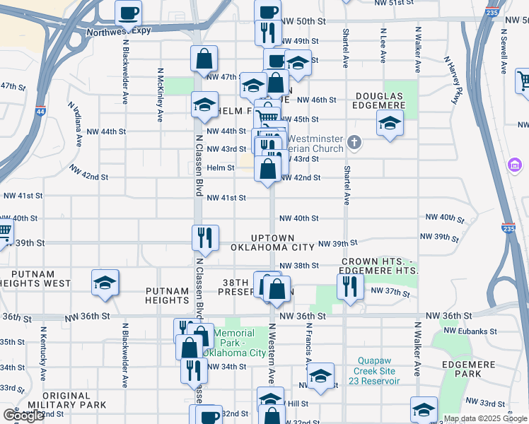 map of restaurants, bars, coffee shops, grocery stores, and more near 1108 Northwest 40th Street in Oklahoma City