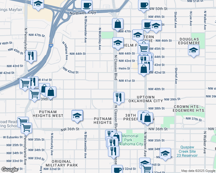 map of restaurants, bars, coffee shops, grocery stores, and more near 1432 Northwest 40th Street in Oklahoma City