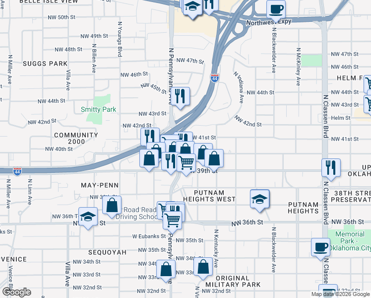 map of restaurants, bars, coffee shops, grocery stores, and more near 4100 Hemingway Drive in Oklahoma City