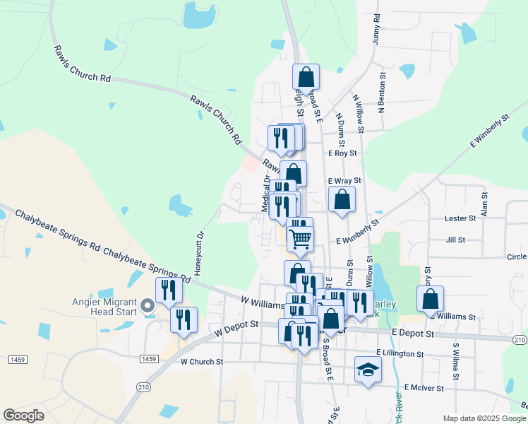 map of restaurants, bars, coffee shops, grocery stores, and more near 156 Medical Drive in Angier