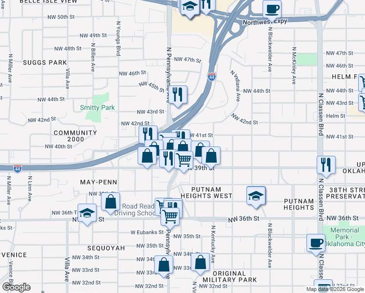 map of restaurants, bars, coffee shops, grocery stores, and more near 4100 Hemingway Drive in Oklahoma City