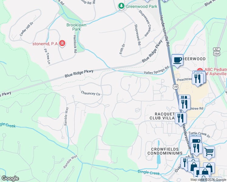 map of restaurants, bars, coffee shops, grocery stores, and more near 83 Chauncey Circle in Biltmore Forest