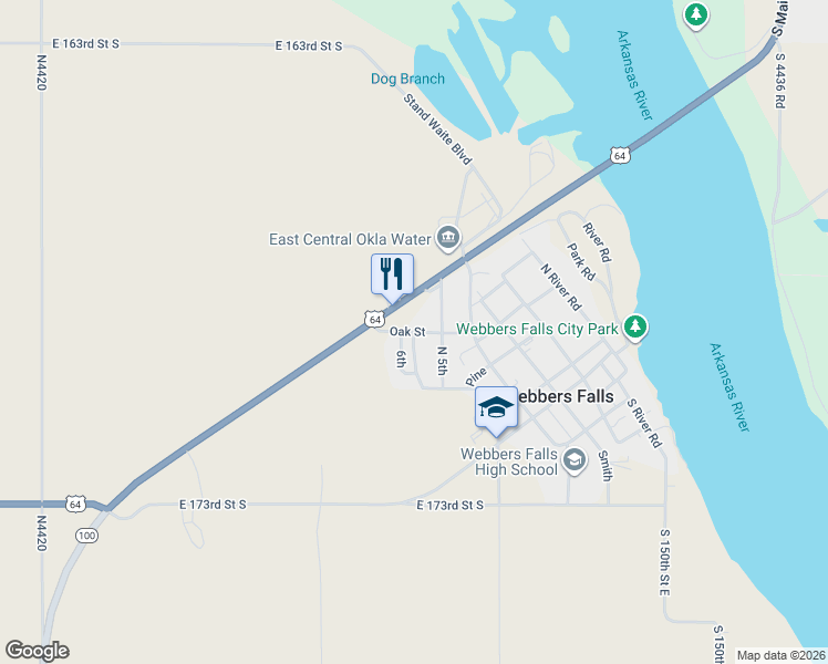 map of restaurants, bars, coffee shops, grocery stores, and more near 378 Oak Street in Webbers Falls