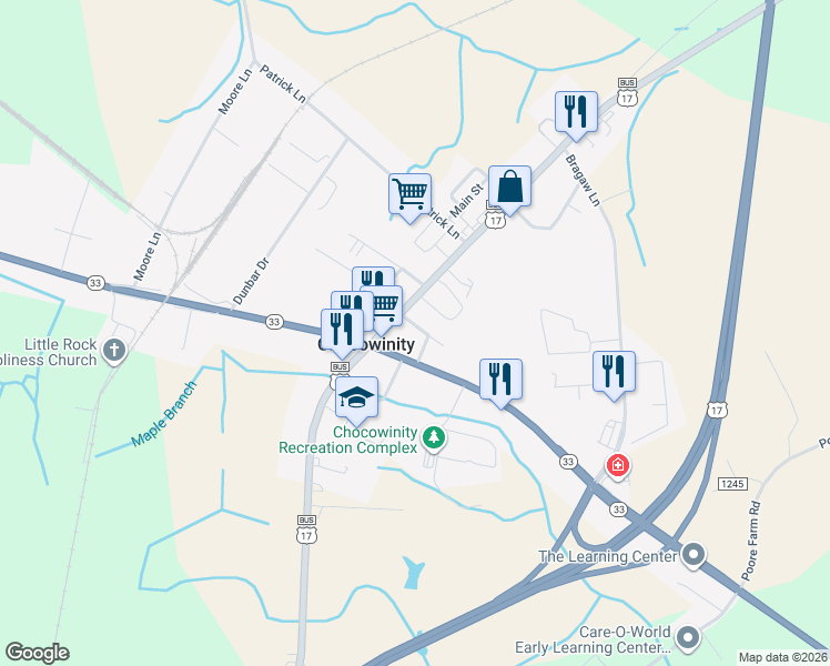map of restaurants, bars, coffee shops, grocery stores, and more near 33-39 Elizabeth Avenue in Chocowinity
