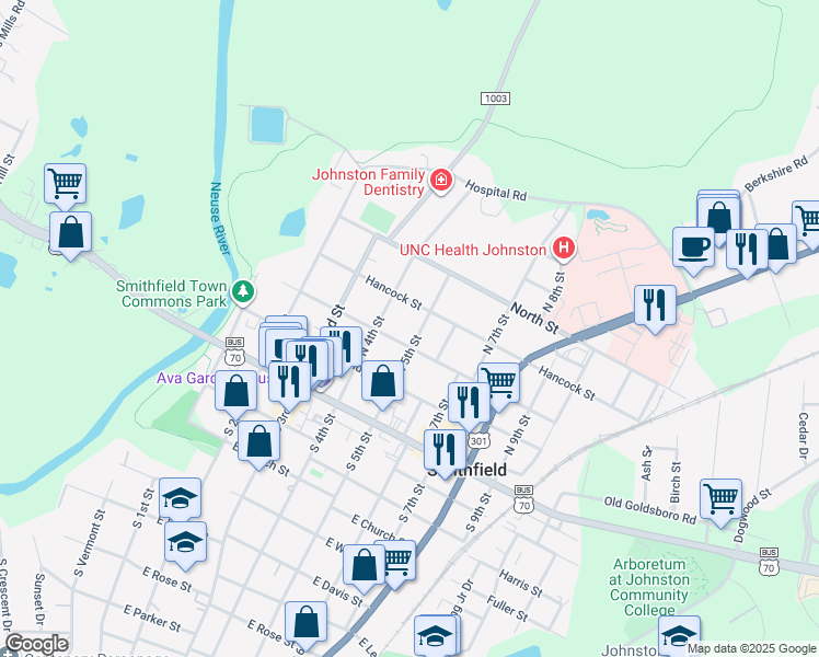 map of restaurants, bars, coffee shops, grocery stores, and more near 414 Caswell Street in Smithfield