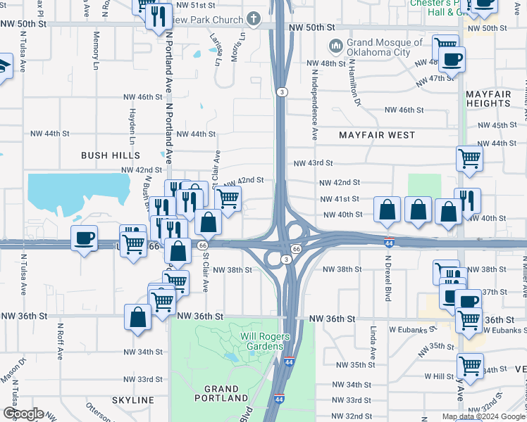 map of restaurants, bars, coffee shops, grocery stores, and more near 3504 Northwest 40th Street in Oklahoma City