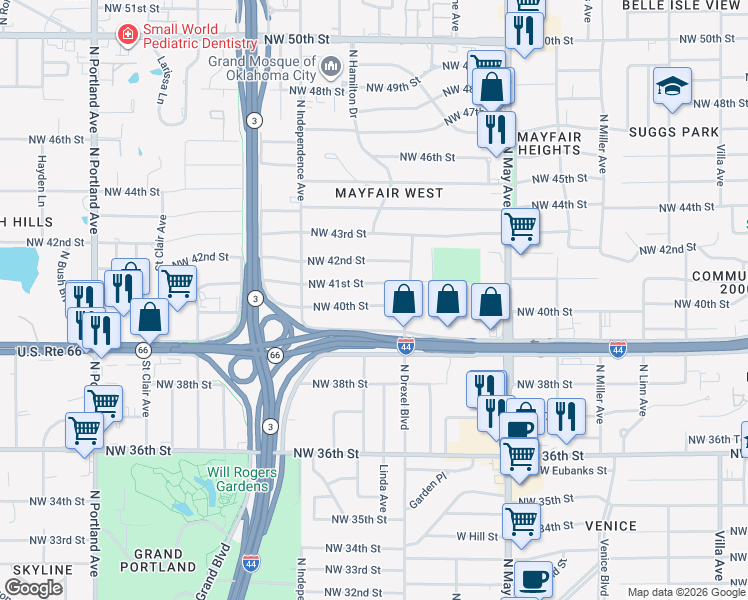 map of restaurants, bars, coffee shops, grocery stores, and more near 3133 Northwest 40th Street in Oklahoma City