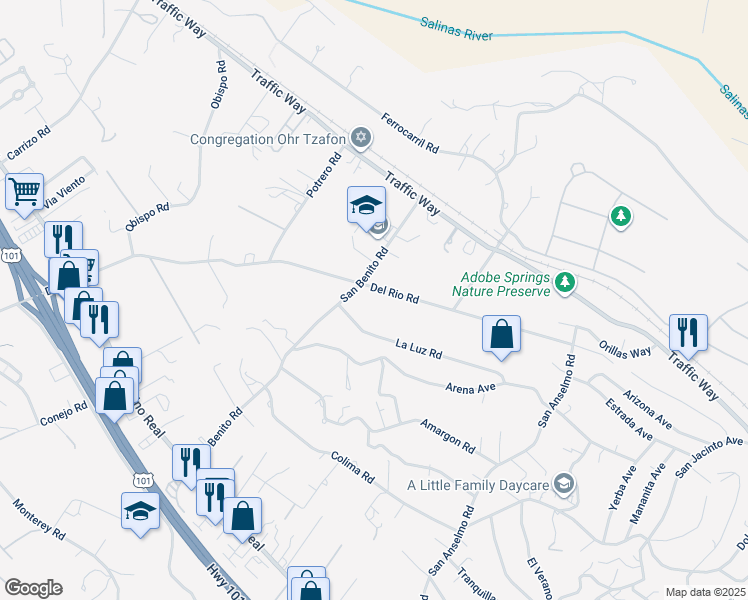 map of restaurants, bars, coffee shops, grocery stores, and more near 4439 Del Rio Road in Atascadero