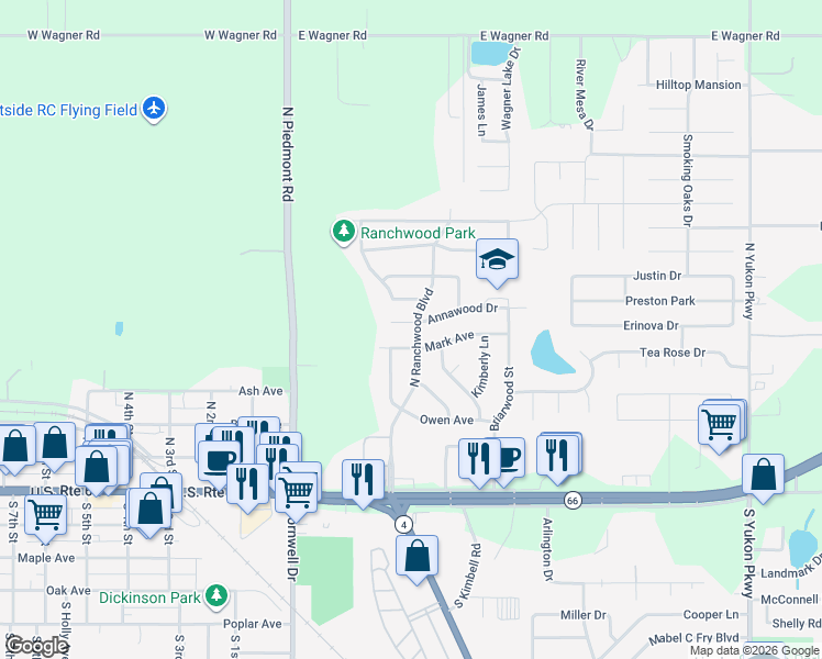 map of restaurants, bars, coffee shops, grocery stores, and more near 401 Mark Avenue in Yukon