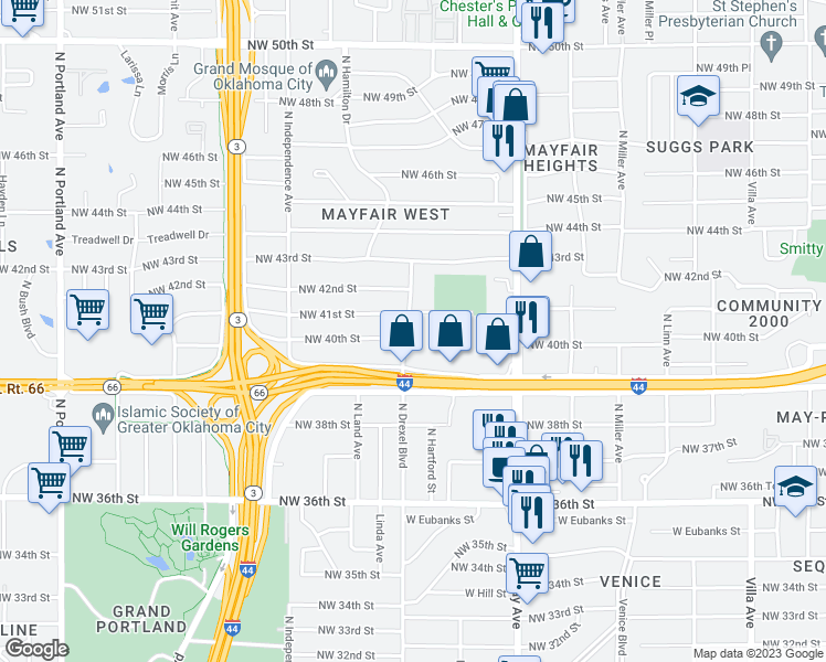 map of restaurants, bars, coffee shops, grocery stores, and more near 4114 North Drexel Boulevard in Oklahoma City