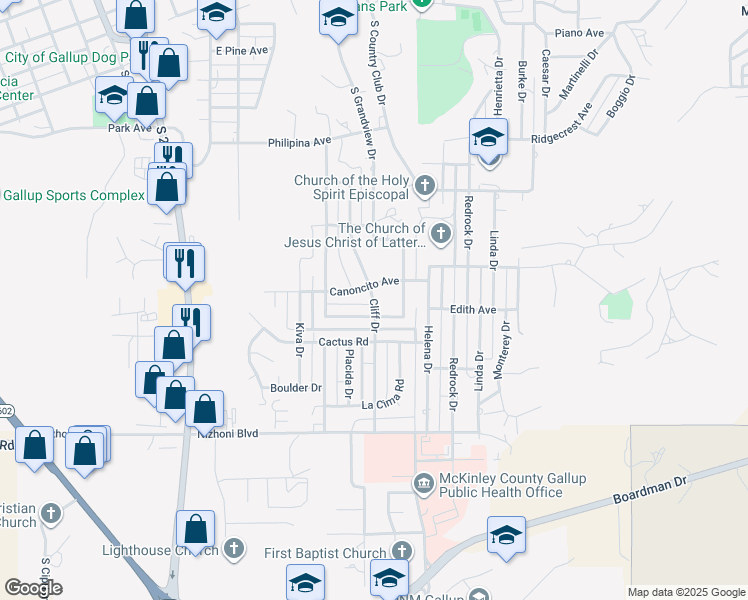 map of restaurants, bars, coffee shops, grocery stores, and more near 1575 Cliff Drive in Gallup