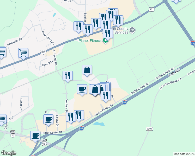 map of restaurants, bars, coffee shops, grocery stores, and more near 224 East Peedin Road in Smithfield