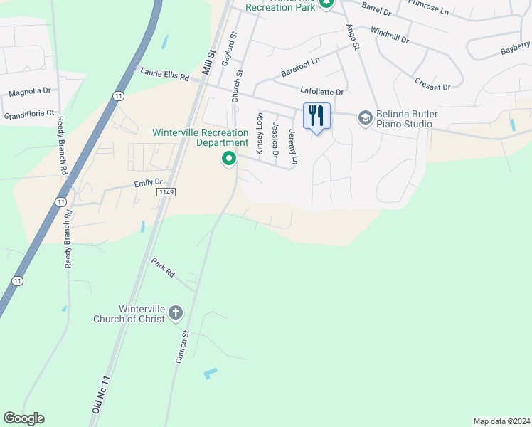 map of restaurants, bars, coffee shops, grocery stores, and more near 3002 Dearing Court in Winterville