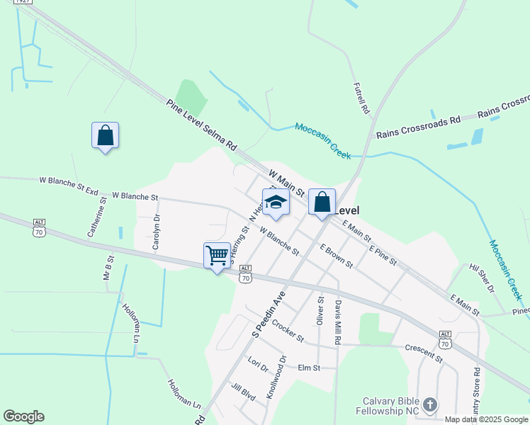 map of restaurants, bars, coffee shops, grocery stores, and more near 304 West Blanche Street in Pine Level