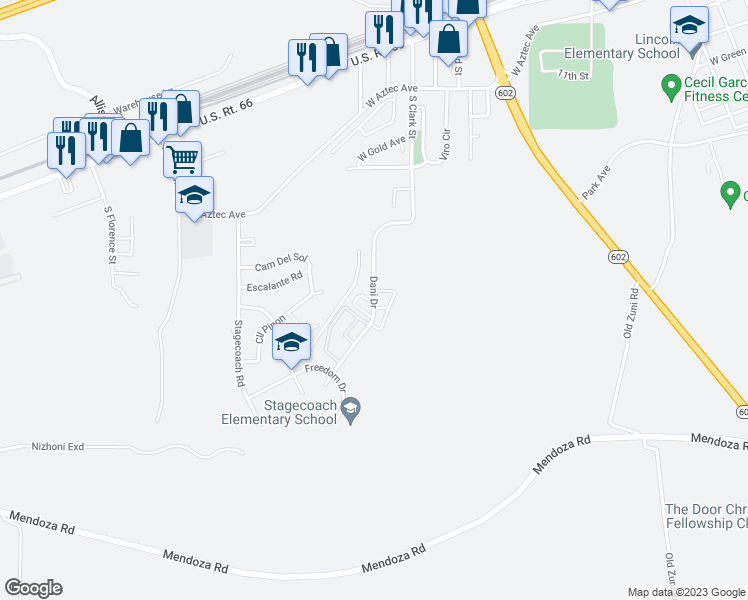 map of restaurants, bars, coffee shops, grocery stores, and more near 438 Dani Drive in Gallup