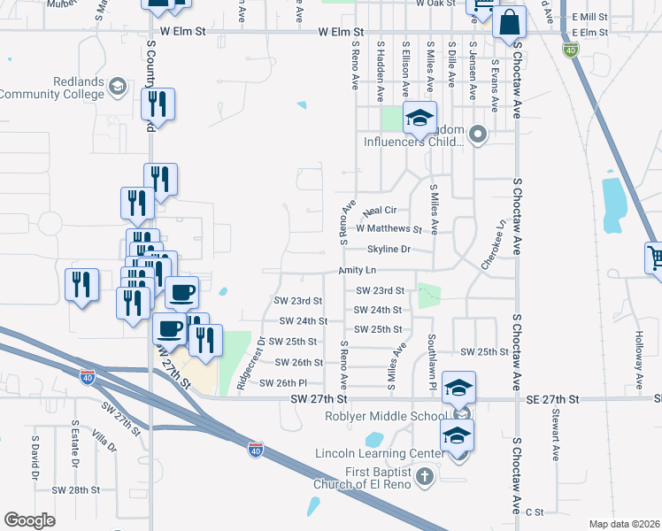 map of restaurants, bars, coffee shops, grocery stores, and more near 1604 South Reno Avenue in El Reno
