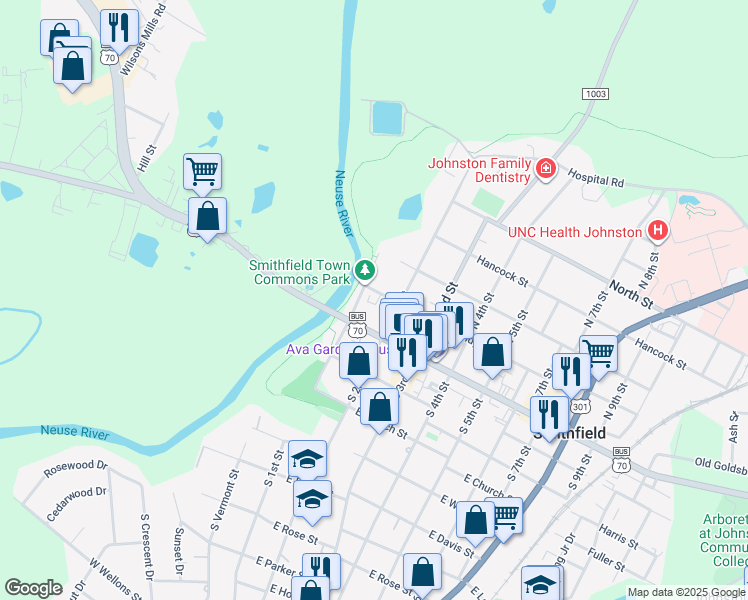 map of restaurants, bars, coffee shops, grocery stores, and more near 108 Bridge Street in Smithfield