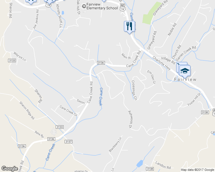 map of restaurants, bars, coffee shops, grocery stores, and more near Cane Crest Circle in Fairview