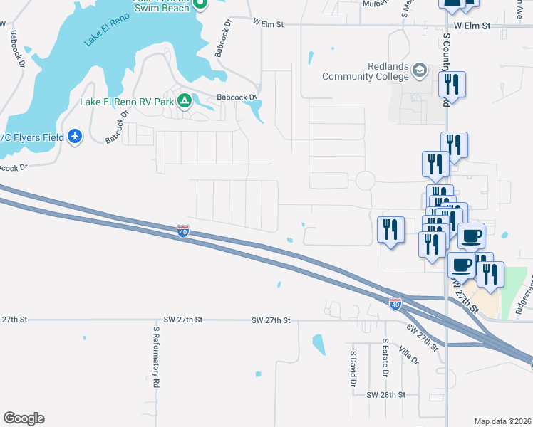 map of restaurants, bars, coffee shops, grocery stores, and more near Interstate 40 in El Reno