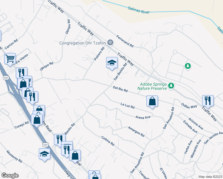 map of restaurants, bars, coffee shops, grocery stores, and more near 3095 La Luz Road in Atascadero