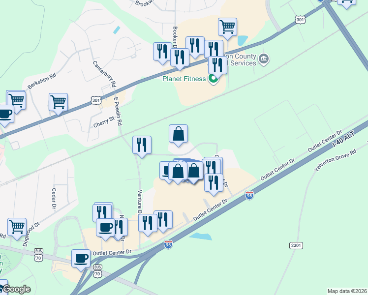 map of restaurants, bars, coffee shops, grocery stores, and more near 222 East Peedin Road in Smithfield