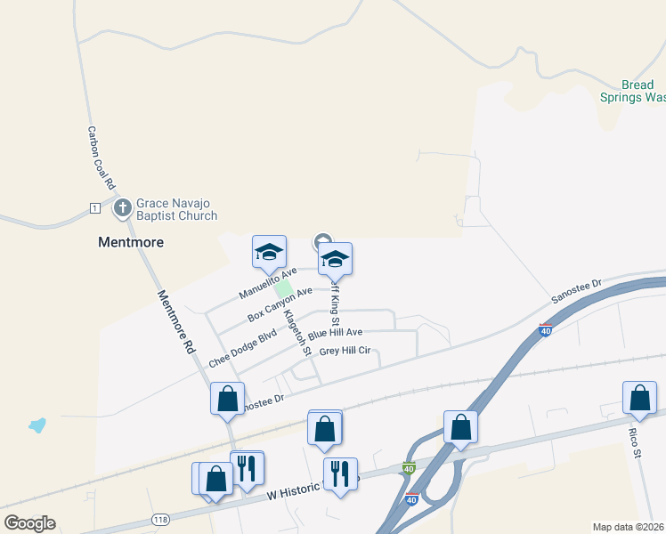 map of restaurants, bars, coffee shops, grocery stores, and more near 506 Jeff King Street in Gallup