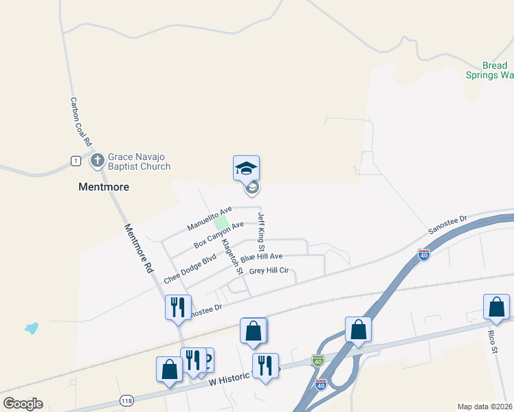 map of restaurants, bars, coffee shops, grocery stores, and more near 506 Jeff King Street in Gallup