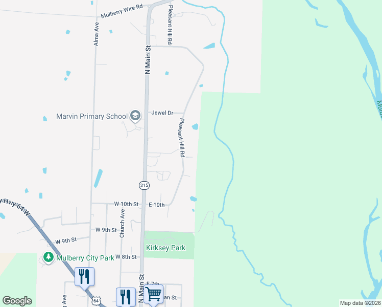 map of restaurants, bars, coffee shops, grocery stores, and more near 1232 Pleasant Hill Road in Mulberry